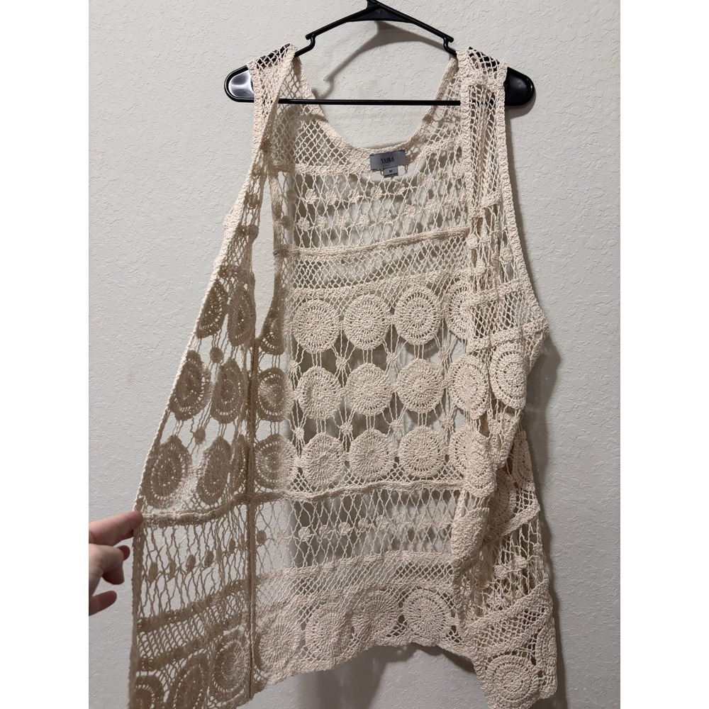 YAIRA Cotton Crochet Duster Open Front Cardigan Tank Top M Coastal Cottagecore - Picture 6 of 13